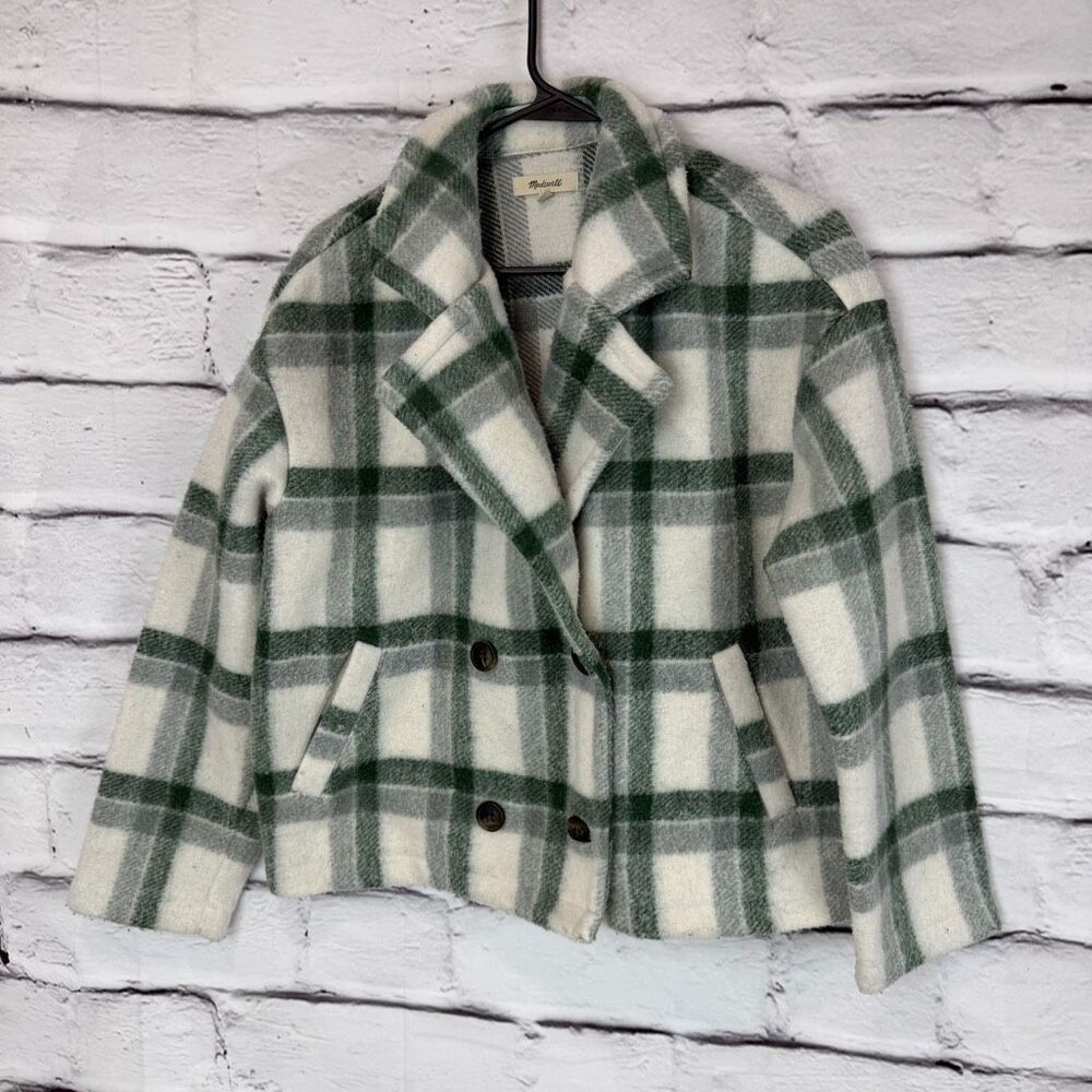 Madewell Plaid Cropped Jacket XS Green Cream Button Front Fall Shacket Coat - Picture 2 of 7